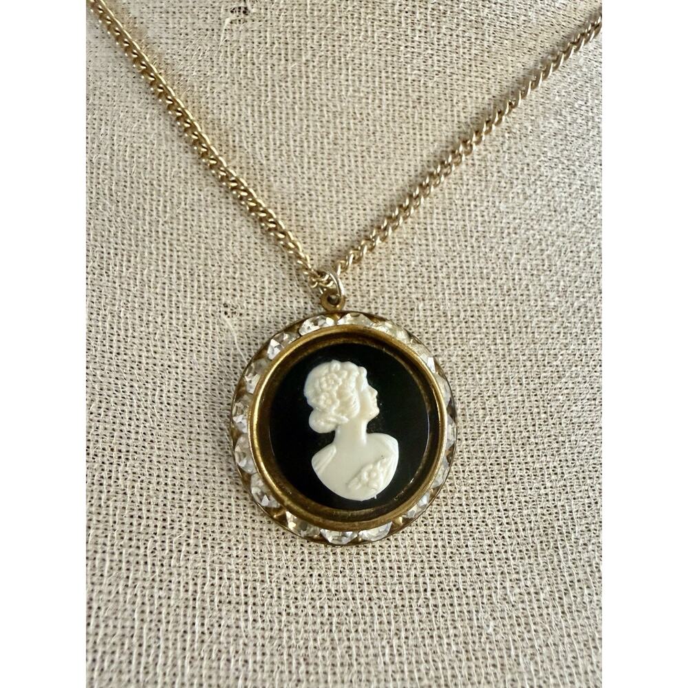 Vintage Black and White Rhinestone Gold Tone Cameo Pendant For Necklace